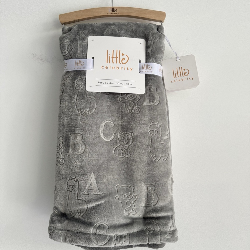 Little Celebrity Baby Blanket Gray Embossed Alphabet Block Letters ABC's‎